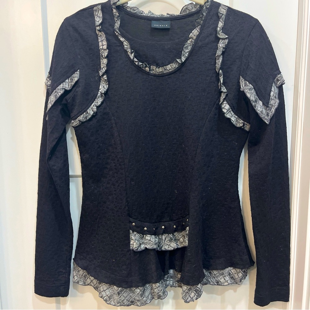 Animale Women’s Black Ruffle Sweater Size Small Long Sleeve Layer Accents‎